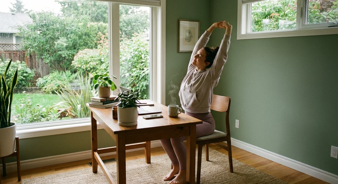 A person stretching in their home office next to a large window with a garden view.