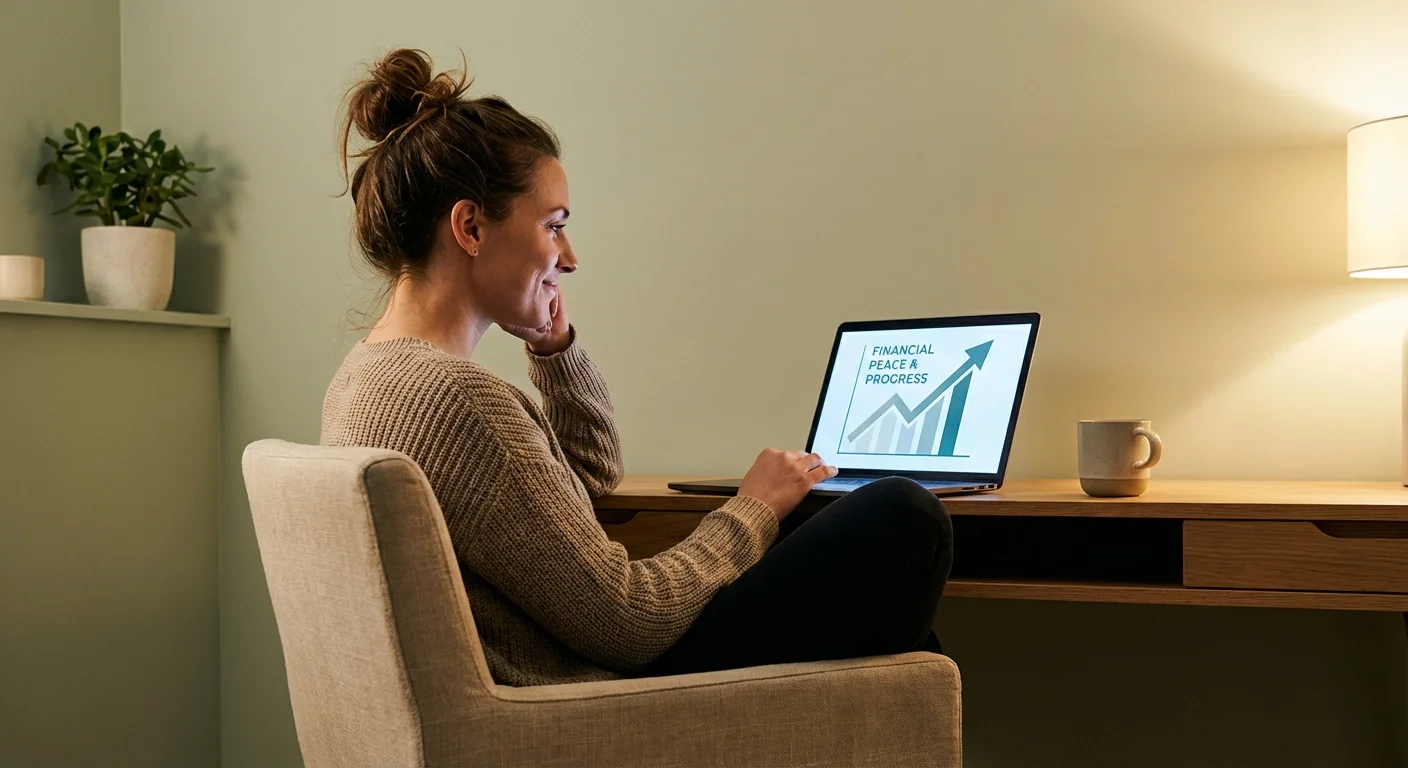 A person smiling while looking at a laptop in a calm, modern home office.