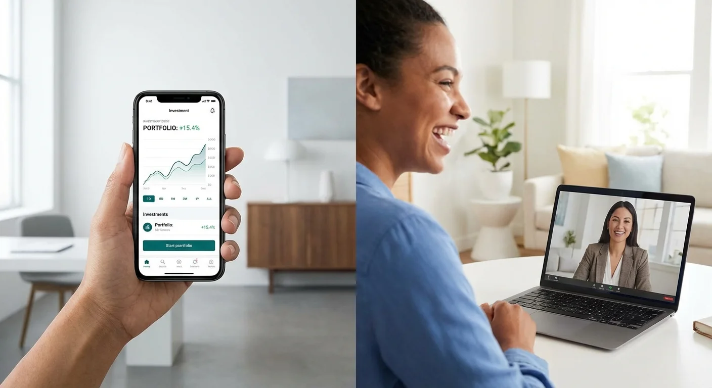 Comparison of a mobile finance app and a video call with an advisor.