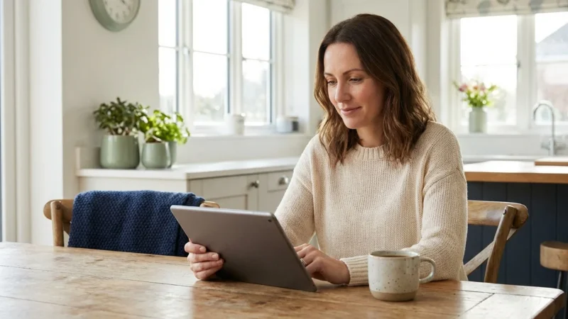 A woman in a cream sweater uses a tablet while sitting at a wooden kitchen table.