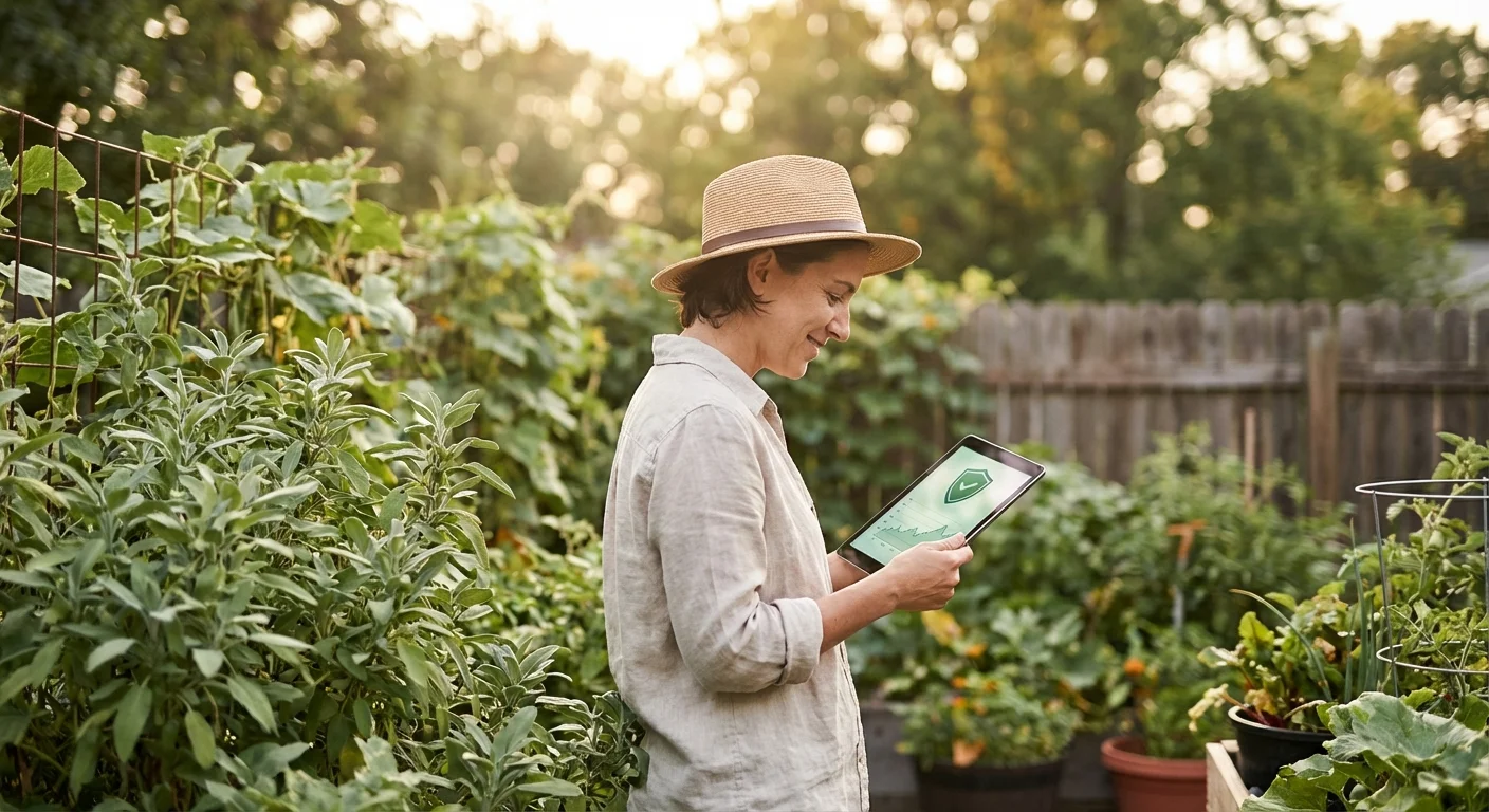 A person in a sunny garden looking at a tablet computer.