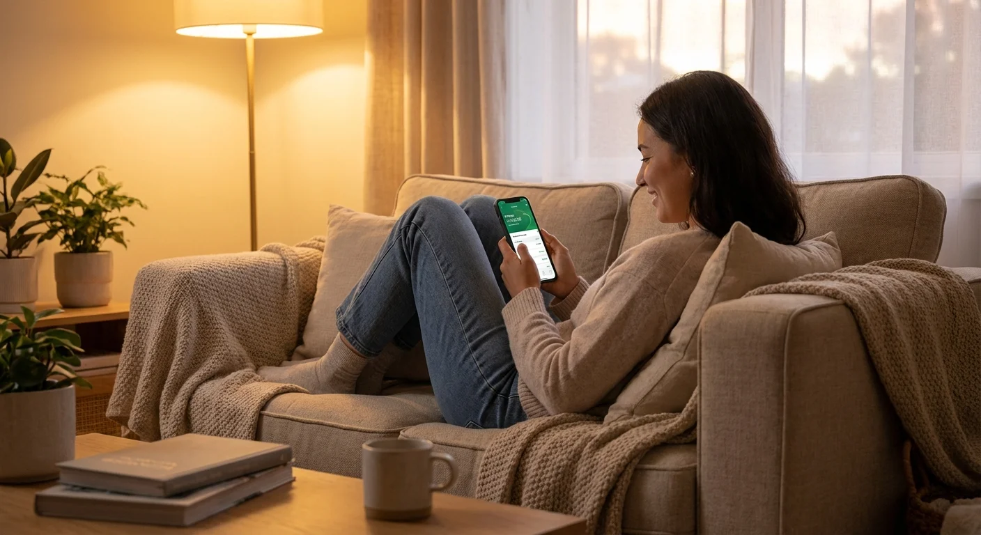 A person comfortably checking their budget on a phone in a cozy, well-lit living room.