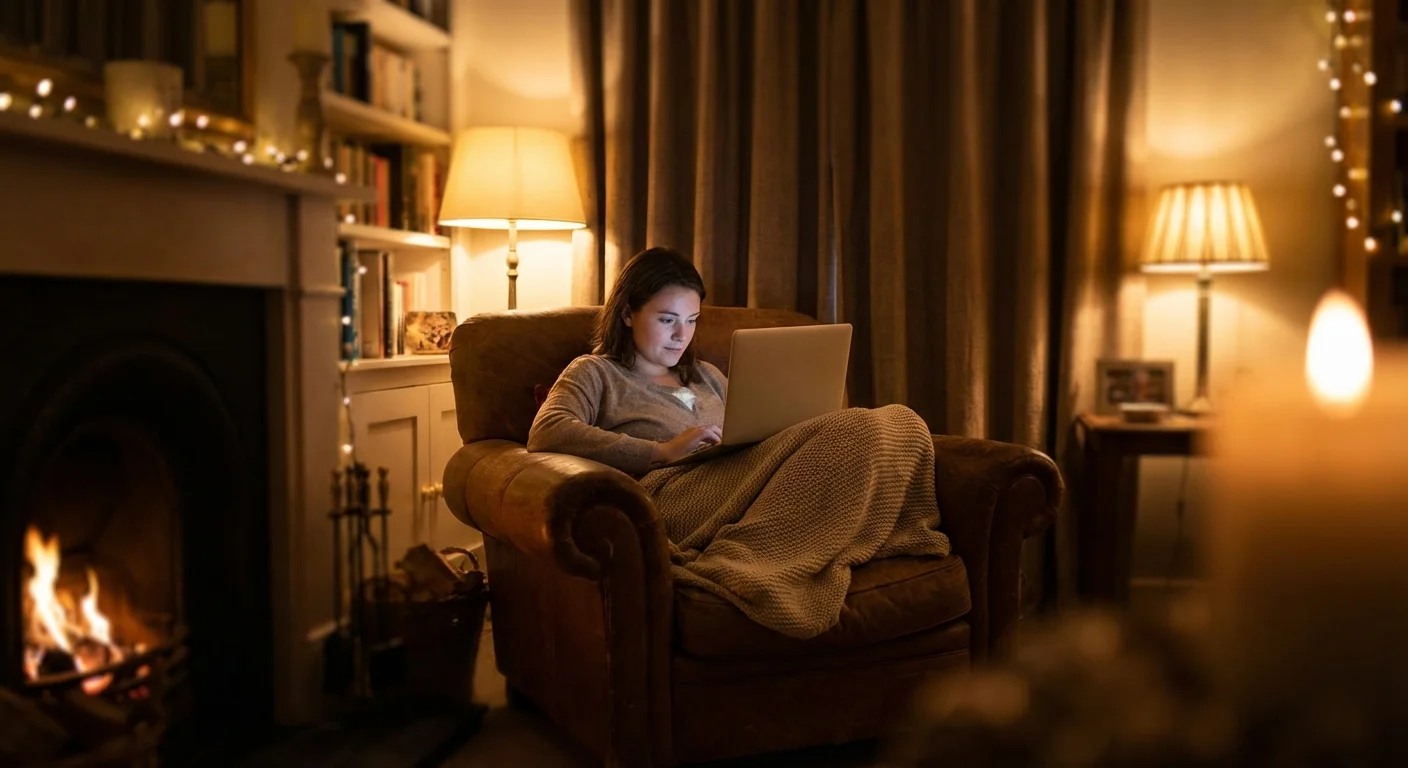 A person looking at a laptop in a private, cozy home setting.