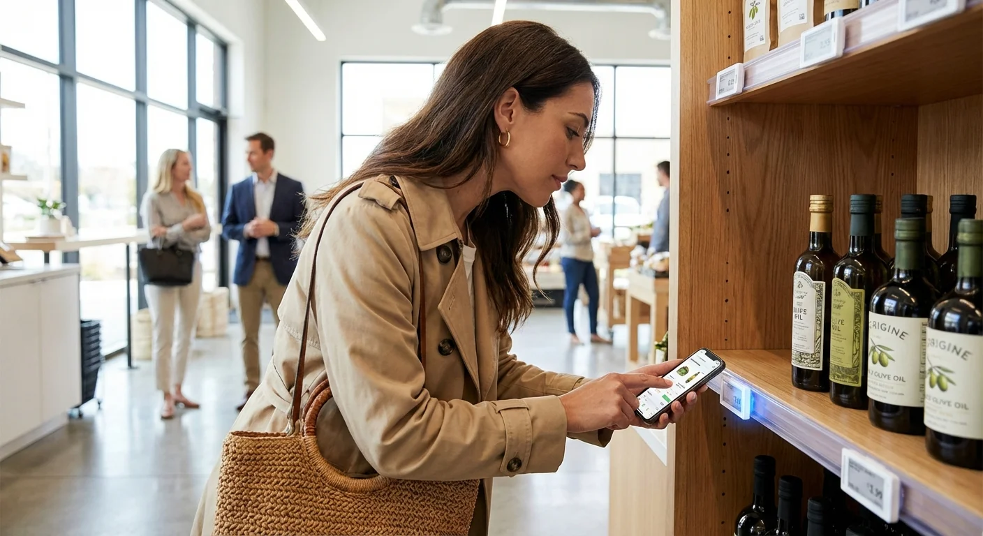 A person using a smartphone while shopping in a modern grocery store to check prices.