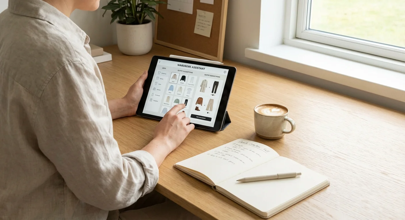 A person using a tablet to organize their wardrobe at a bright desk.