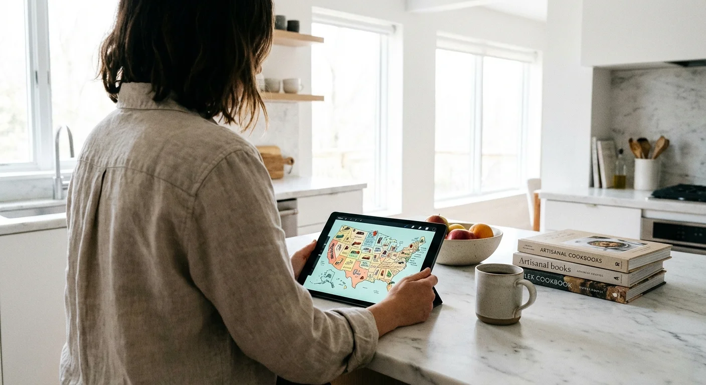 A person looking at a map of the United States on a digital tablet in a bright kitchen.