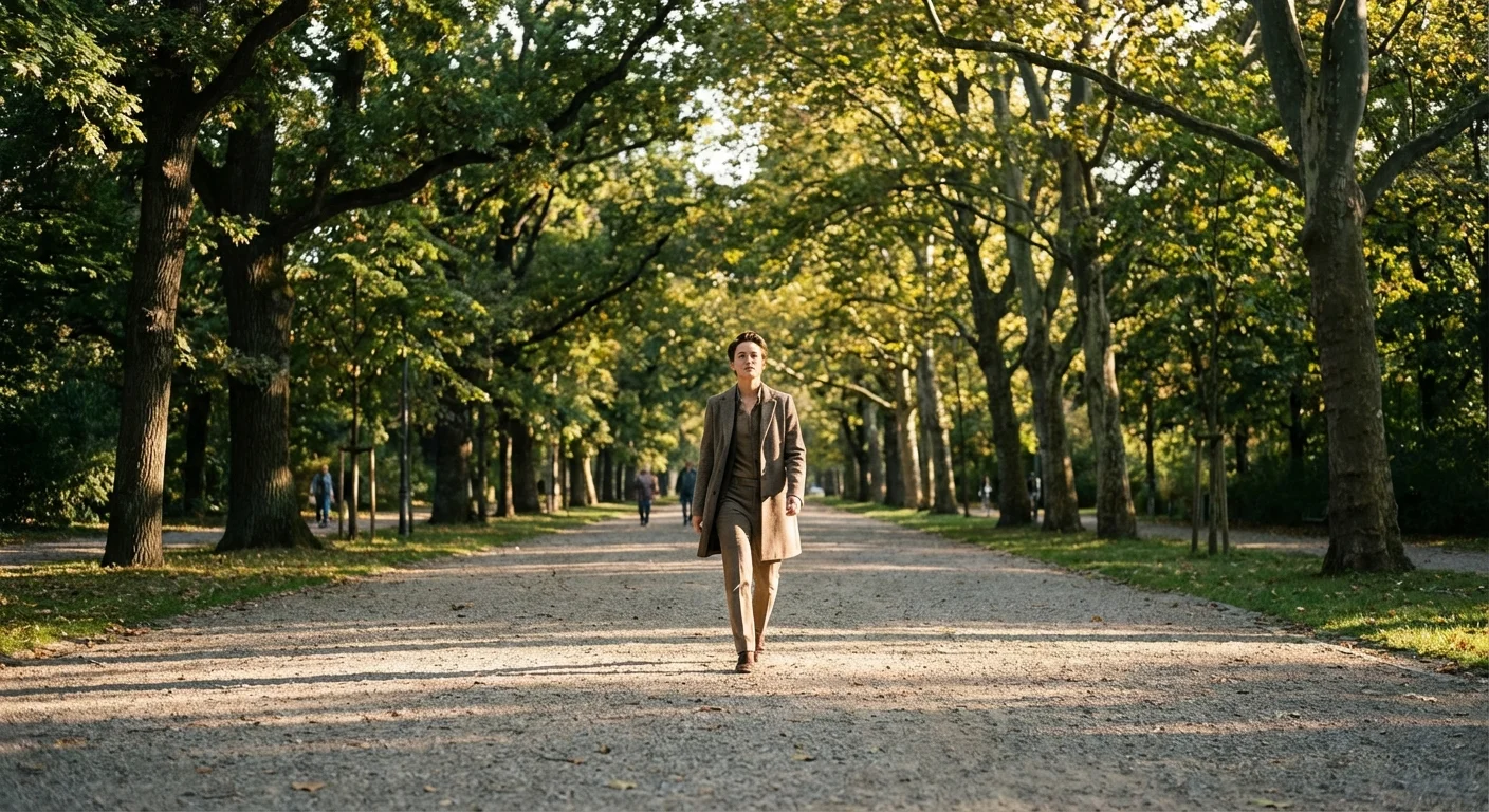 A person walking a steady path in a park, symbolizing the consistent journey of dollar-cost averaging.