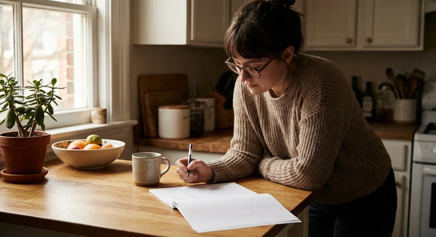 A person thoughtfully reviewing a paper document at a kitchen table.