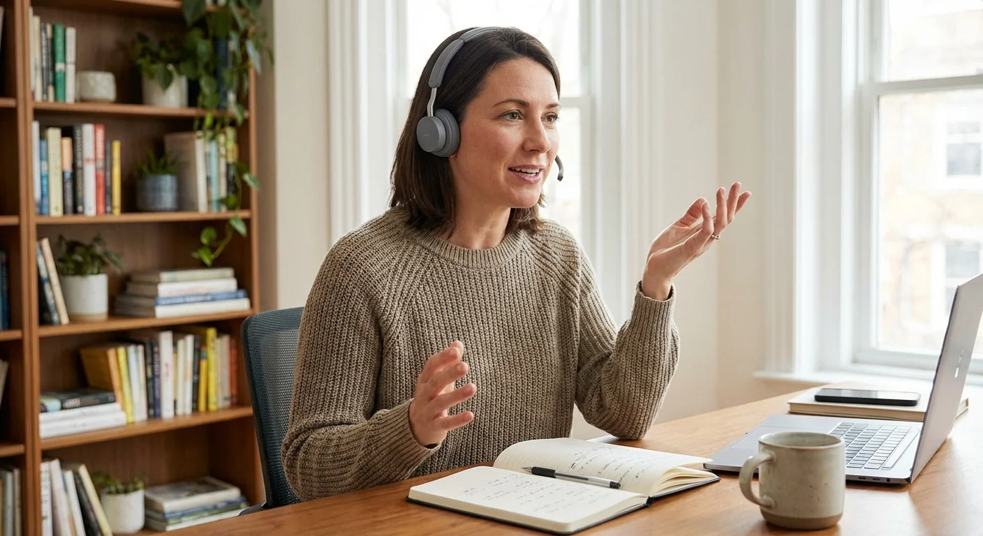 A person speaking confidently into a headset at an organized desk.