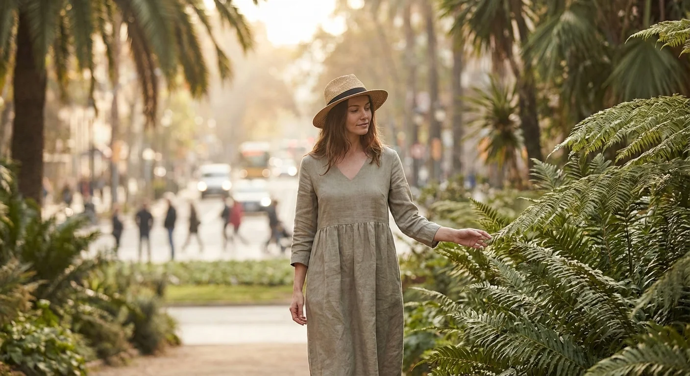 A calm woman walking in a garden while the busy world is blurred behind her, representing passive vs active strategies.