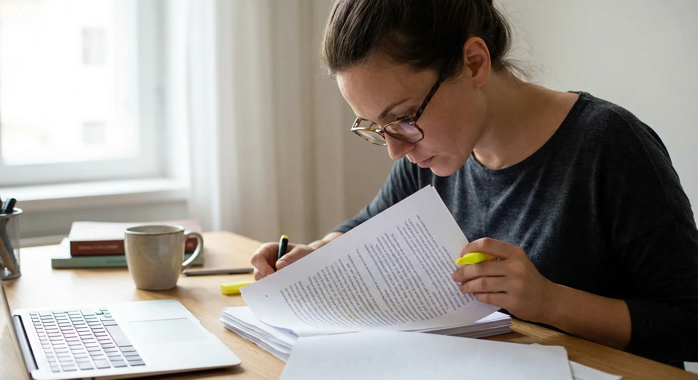 A person carefully reviewing a document with a highlighter at a desk.