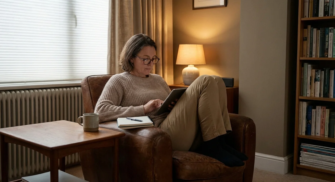 A person sitting comfortably while researching stocks on a digital tablet.
