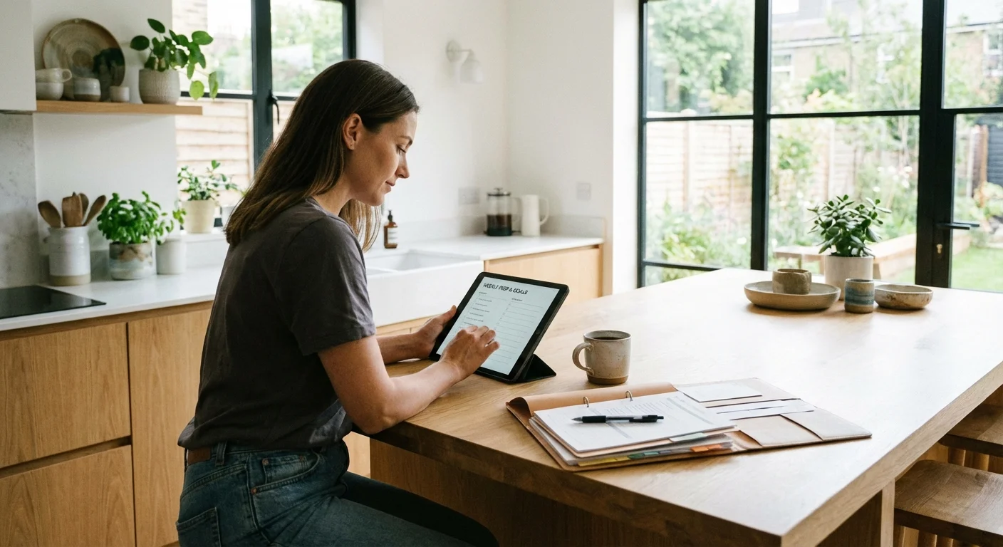 A person reviewing a real estate checklist on a tablet in a bright kitchen.