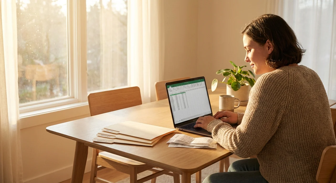 An organized person managing finances in a calm, sunlit room, representing tax efficiency.