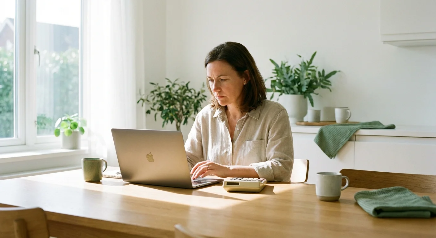 A woman reviewing her finances on a laptop at a kitchen table, representing the eligibility check process.