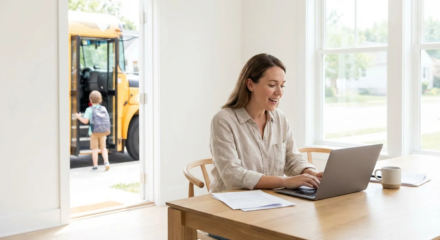 A woman working at her desk with a view of a school bus through the window, symbolizing productivity.