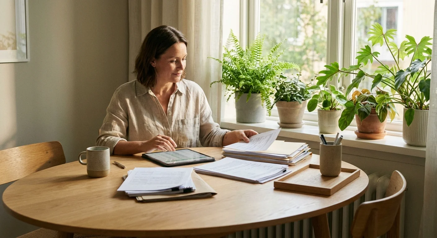 A woman organizing financial papers at a bright, modern table.