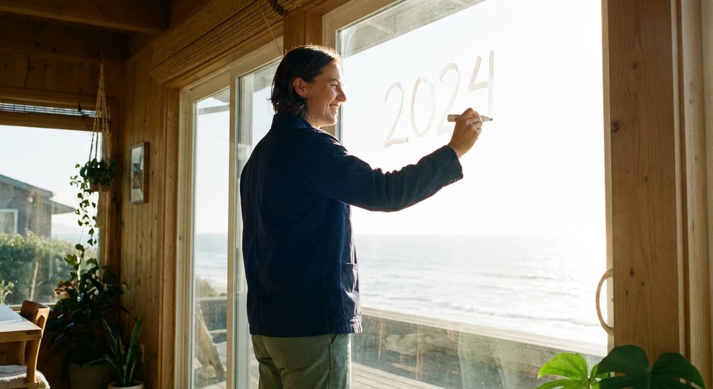A person writing a financial goal on a window while looking toward a bright horizon.