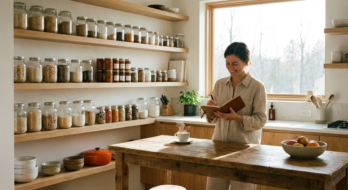 A person checking their kitchen pantry and writing a list.