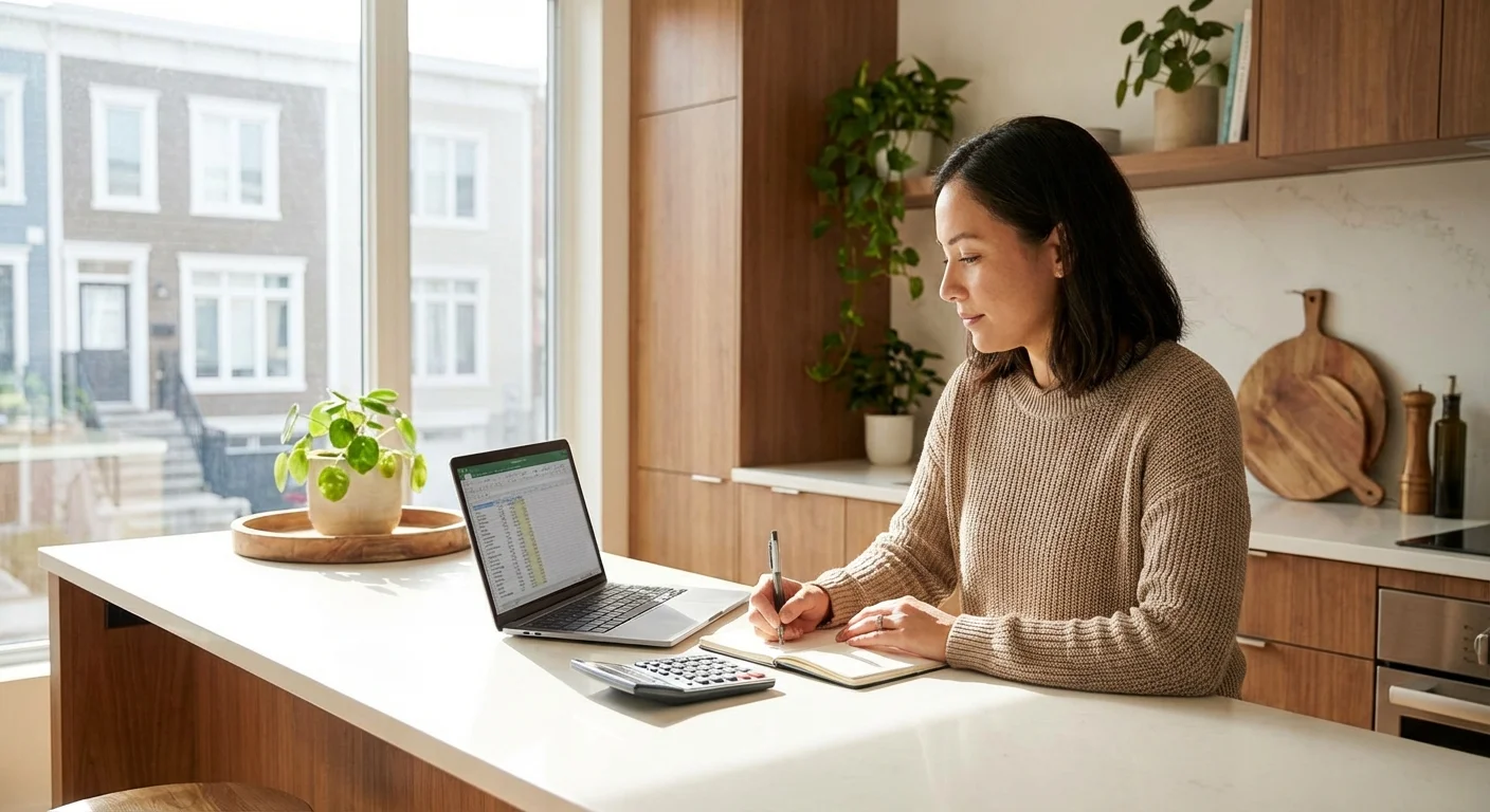 A person analyzing financial figures on a laptop in a bright kitchen.