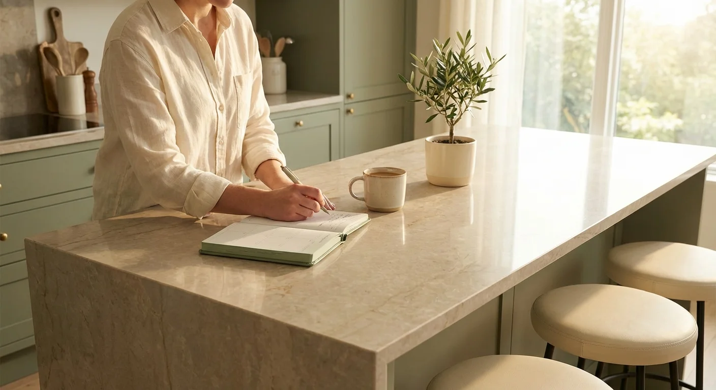 A person organizing their schedule in a bright kitchen.