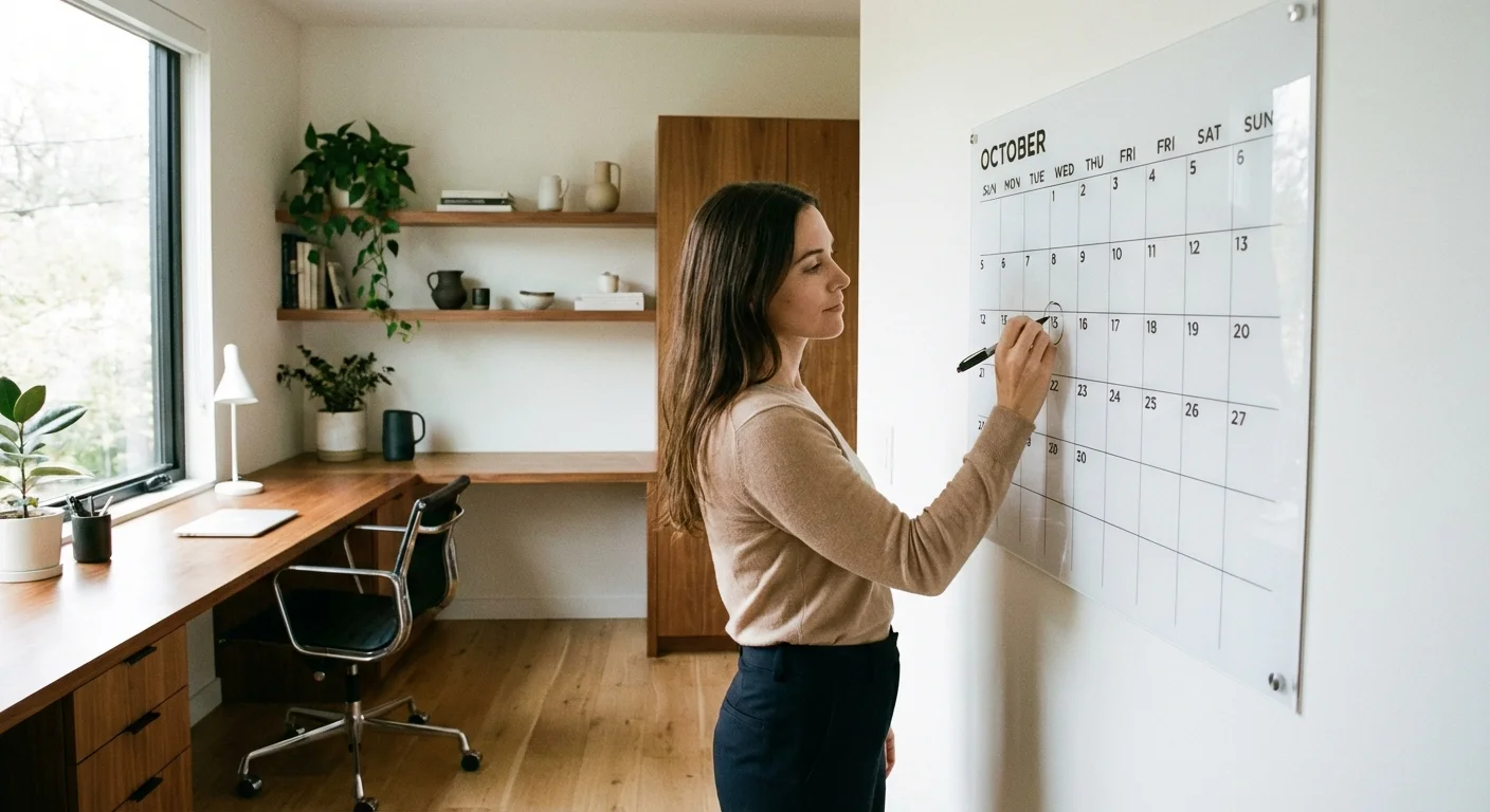 A woman marking a date on a wall calendar in a home office.