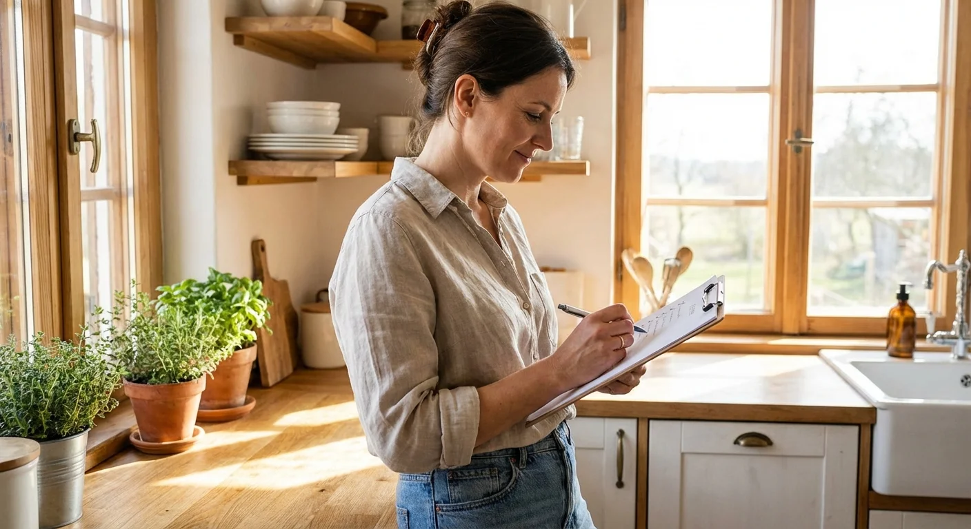 A woman in a bright kitchen checking off items on a clipboard list.