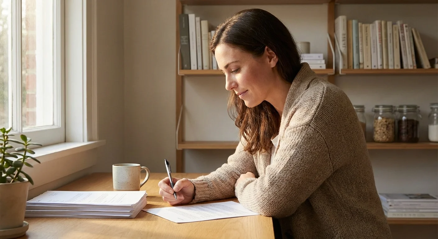 A woman carefully reviewing a document at a table in a sunlit room.
