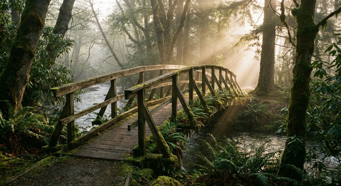 A wooden footbridge in a green park, symbolizing a financial transition.
