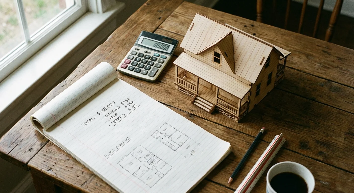 A calculator, notepad, and a small model house on a table, symbolizing financial balancing.