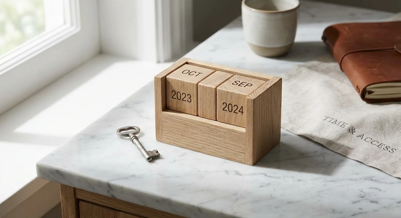 A wooden calendar and a silver key on a marble surface symbolizing a lockup period.