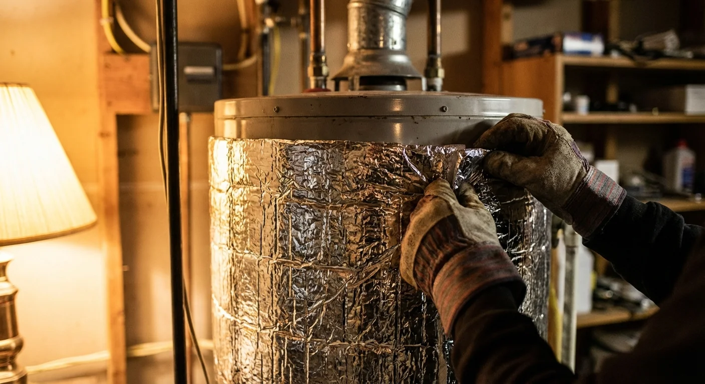 Hands installing an insulating blanket on a water heater tank.