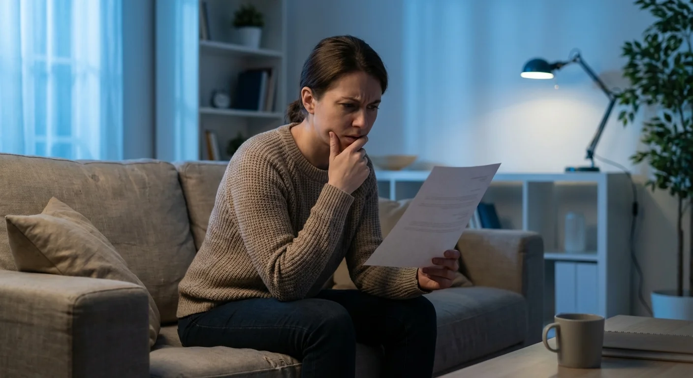 A person thoughtfully reviewing a document on a sofa, looking for clarity.