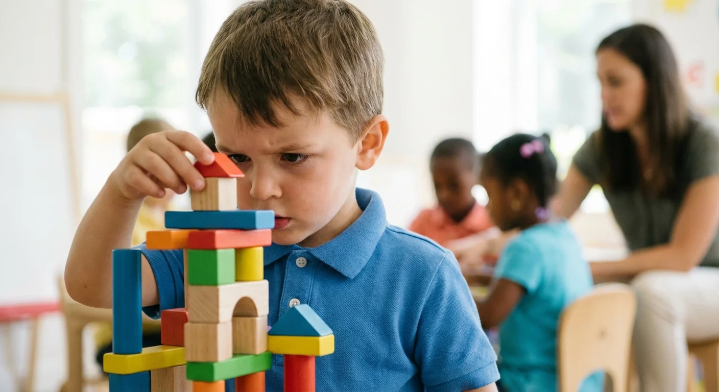 A young boy focused on building with blocks in a bright, well-equipped classroom.