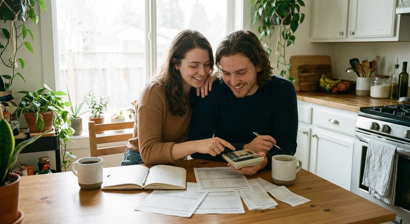A couple reviewing their household budget together in a kitchen.