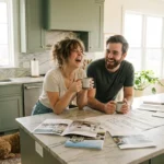 A happy couple laughs while reviewing home floor plans in a bright, modern green kitchen.