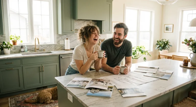 A happy couple laughs while reviewing home floor plans in a bright, modern green kitchen.