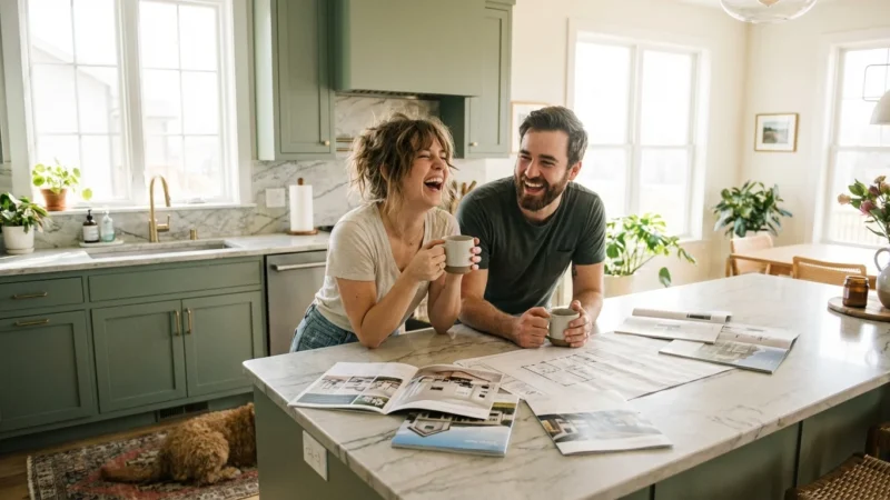 A happy couple laughs while reviewing home floor plans in a bright, modern green kitchen.
