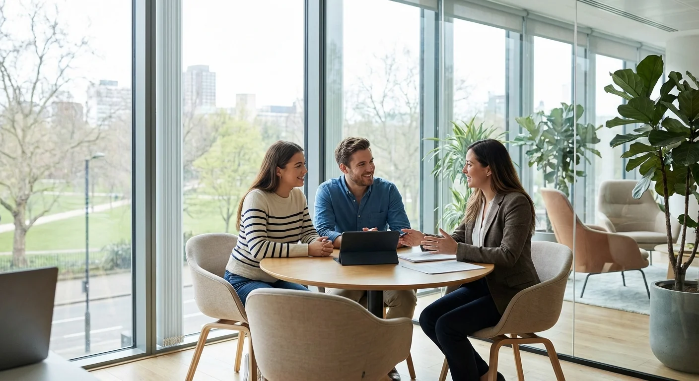 A young couple talking with a professional advisor in a bright, modern office.