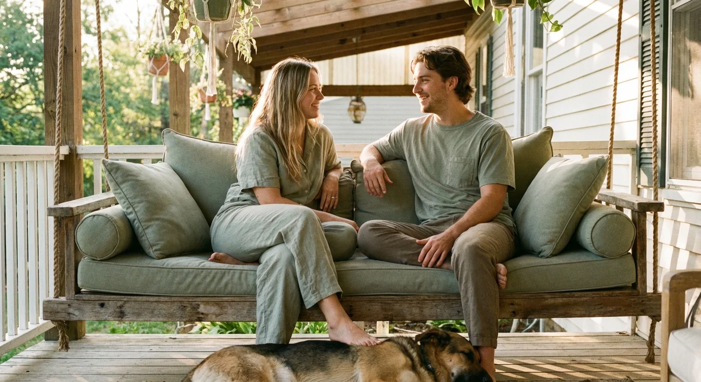 A couple relaxing on a sunny porch, representing financial peace of mind.