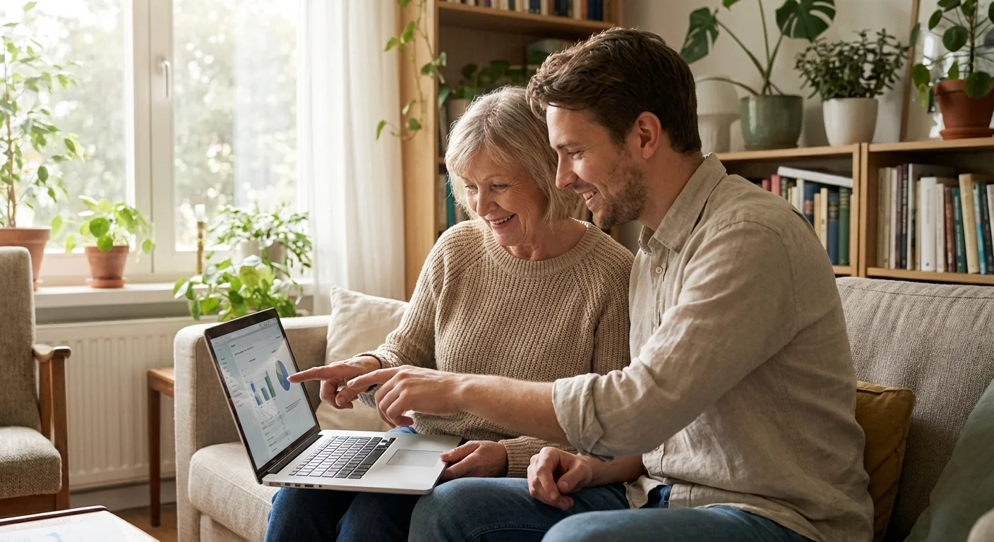 Two people looking at a laptop together, representing mentorship and financial advice.