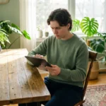 A focused young man using a tablet at a wooden table surrounded by lush houseplants.