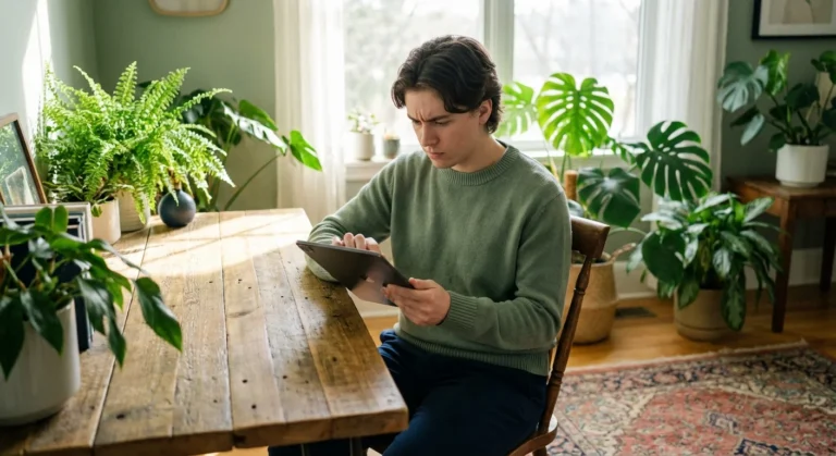 A focused young man using a tablet at a wooden table surrounded by lush houseplants.