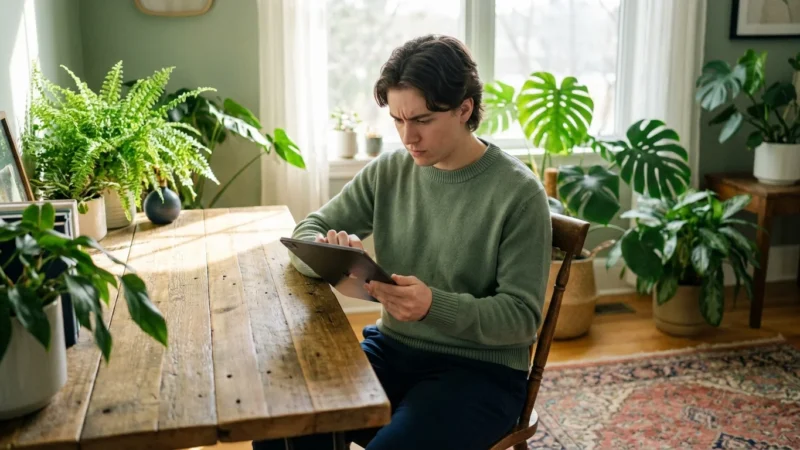 A focused young man using a tablet at a wooden table surrounded by lush houseplants.