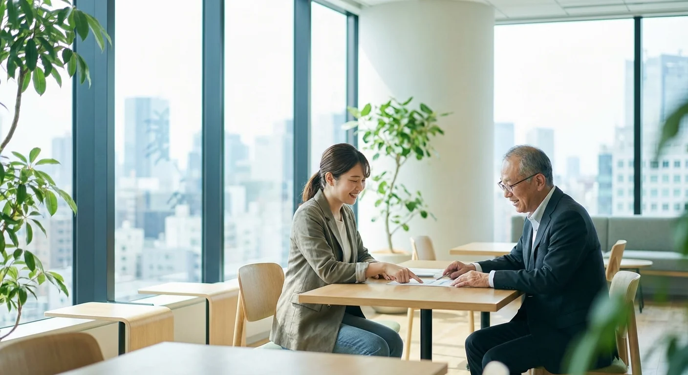 A young adult consulting with a financial advisor in a modern, bright office.