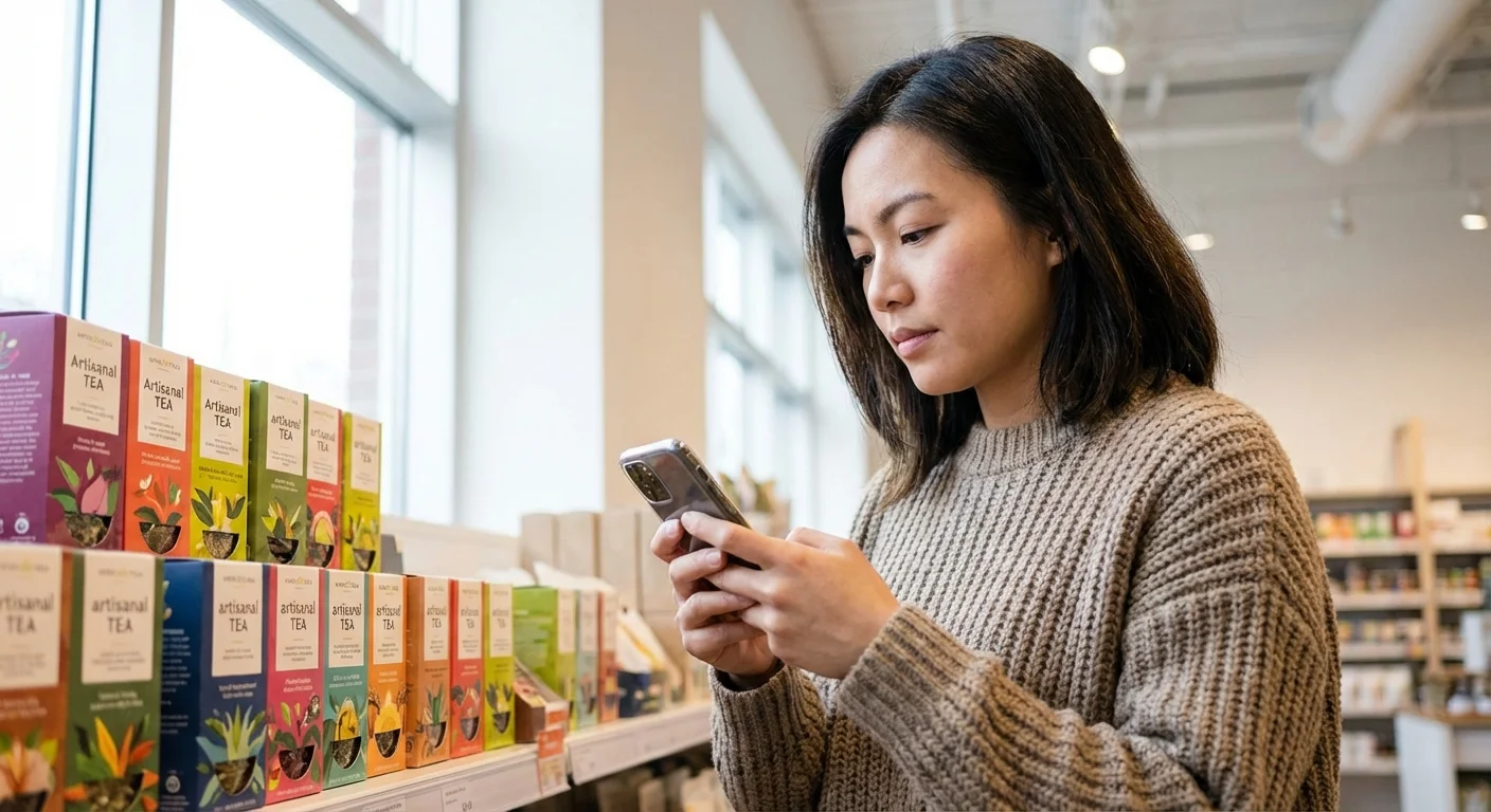 A person mindfully checking their phone while shopping to avoid impulse buys.
