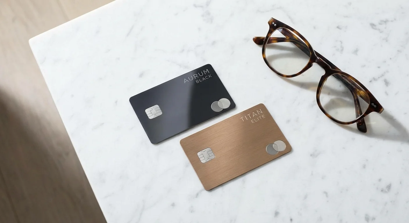 Two premium debit cards side-by-side on a white marble countertop.