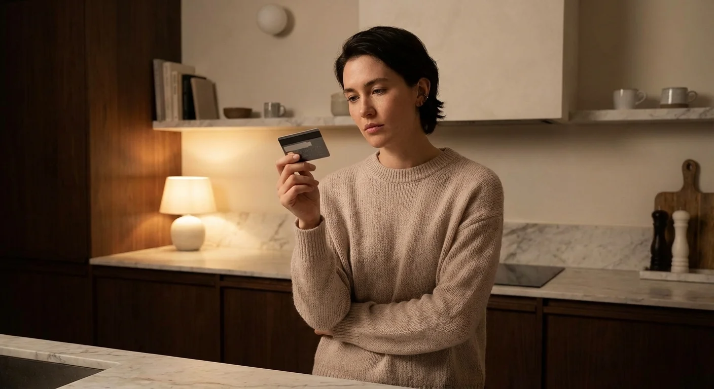 A person putting a credit card away in a kitchen drawer.