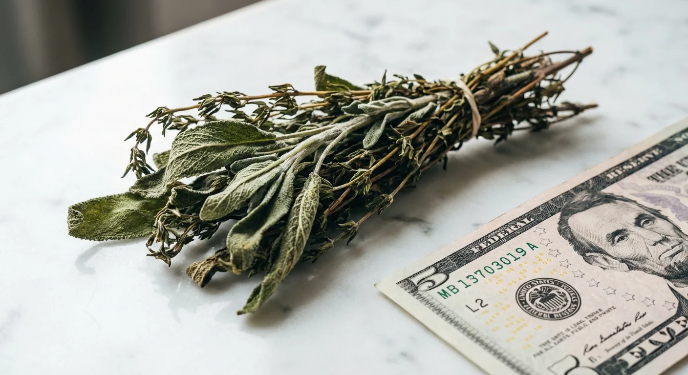 A close-up of wilted herbs next to a five-dollar bill, illustrating the hidden cost of food waste.