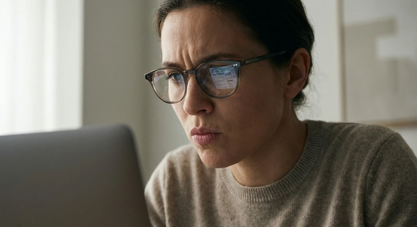 Close-up of a person concentrating while reviewing a form on a laptop.